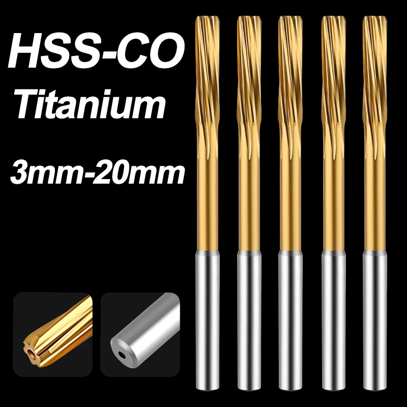 HSS-CO Cobalt Chucking Machine Reamer with TiAN Plated H7 Spiral Helical Straight Shank Reamer 3-20mm for Stainless Steel Metal