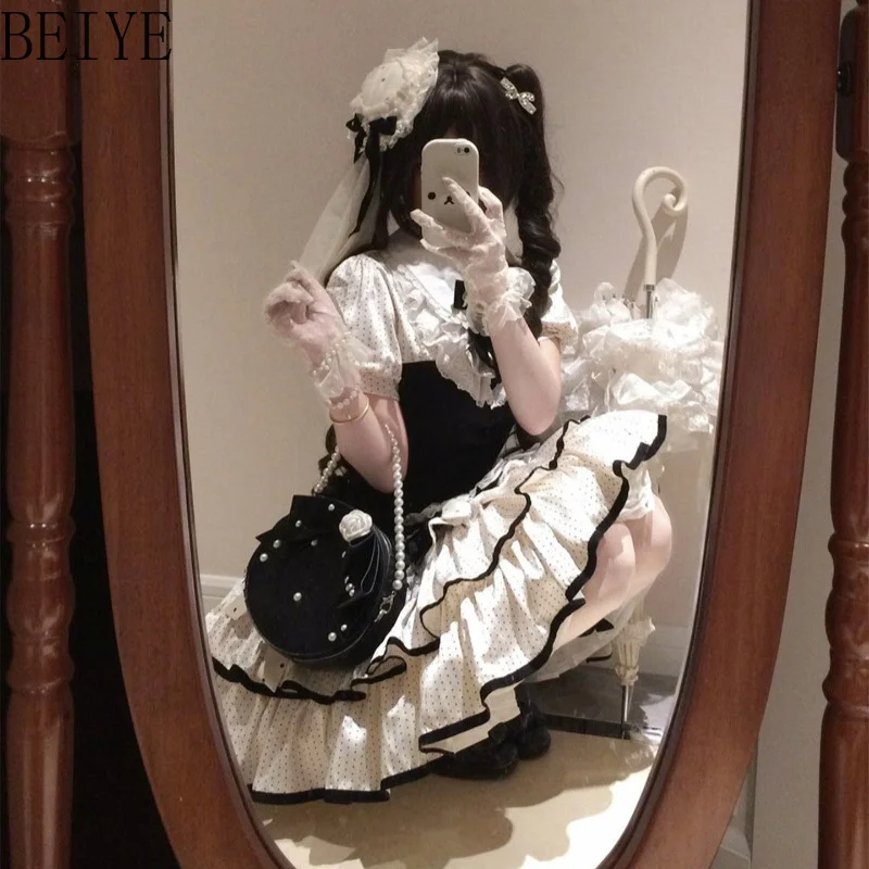 Black and White Polka Dots Dress for Women Japanese Cute Gentle Lolita Sweet Dresses Female Trailing Bow Lolita Princess Dress