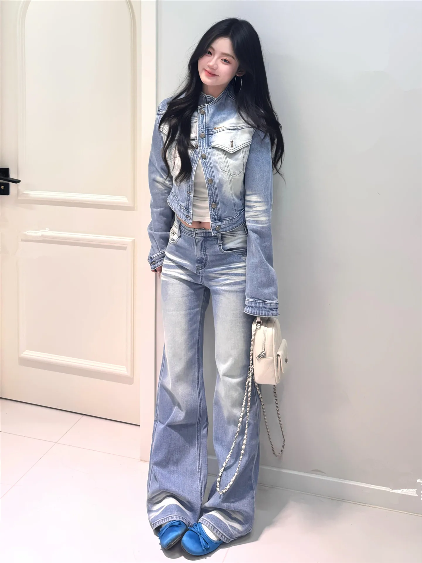 

Light Blue Loose Fit Bell Bottom Jeans Women's Spring Summer Casual Cotton Denim Pants High Waist Extended Floor Length