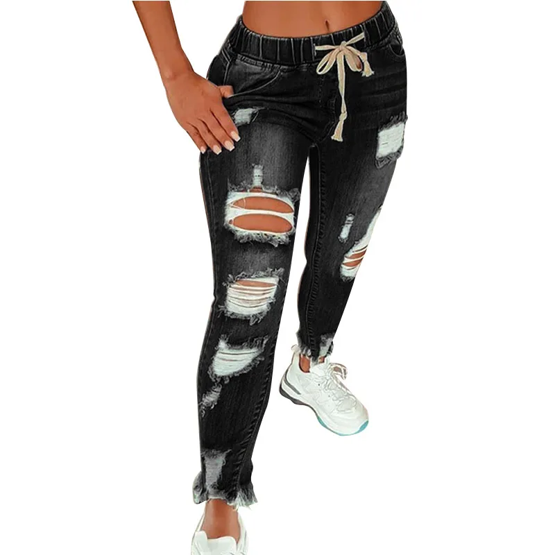 2022 Hot Sale Women Ripped Elastic Waist Jeans Fashion Slim High Stretch Denim Pencil Pants Large Size Trousers S-5XL Drop Ship