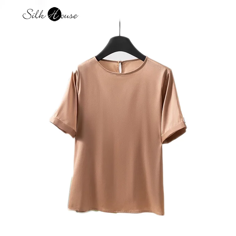 

Smooth and Breathable 93% Natural Mulberry Silk Elastic Double Qiao Satin Round Neck Commuting Women's Short Sleeved T-shirt