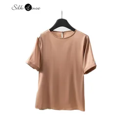 Smooth and Breathable 93% Natural Mulberry Silk Elastic Double Qiao Satin Round Neck Commuting Women's Short Sleeved T-shirt
