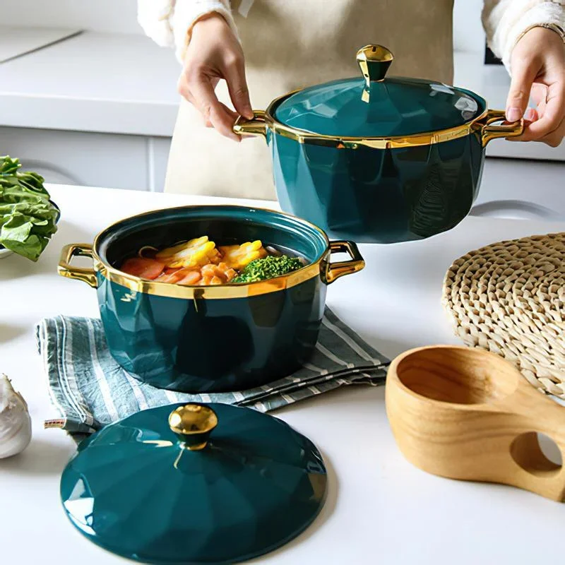 Ceramic Large Soup Bowl Green Phnom Penh Noodle Fruit Salad Ramen Pot Handle Lid Dinnerware Household Kitchen Supplies Tableware