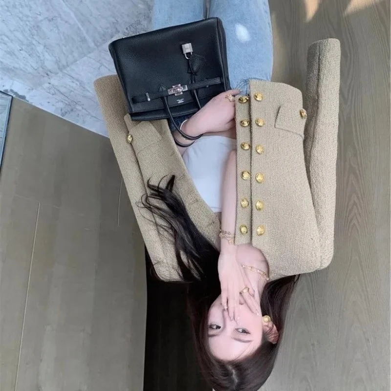 

Spring Autumn Tweed Jacket Women Metal Double-breasted Long-sleeved Short Coat Design Clothing O-neck Outerwear Jackets