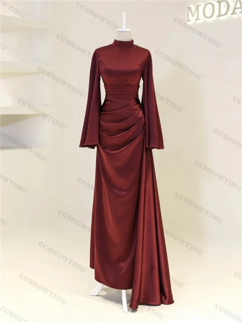 Burgund Satin High Neck Muslimischen Abendkleid Langarm Hijab Islamischen Formale Party Kleider Arabisch Dubai Frauen Roben De Soirée