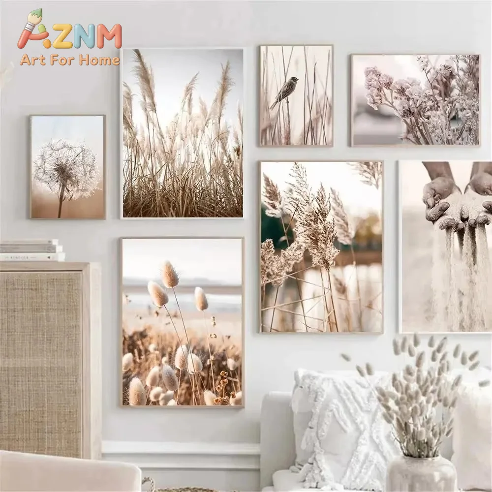 1PC Sunset Reeds Grass Bird Flower Plant Wall Art Canvas Poster Sand Hand Prints Nordic Painting Pictures Living Room Decor