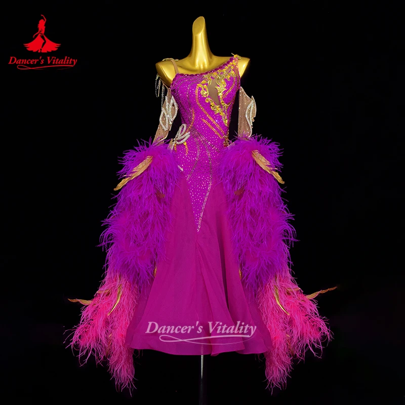 Adult Waltz Foxtrot Ostrich Feather Style Dresses Luxury Customize Dancer's Vitality Social Dance Performance&Competition Attire