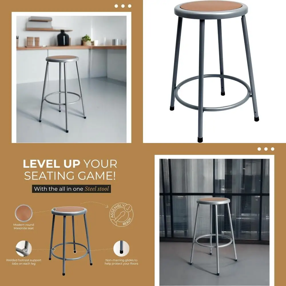 

Premium Commercial-Grade All-Purpose Round Stool, 18-inch Height, Gray Frame, Masonite Wood Seat tabouret design