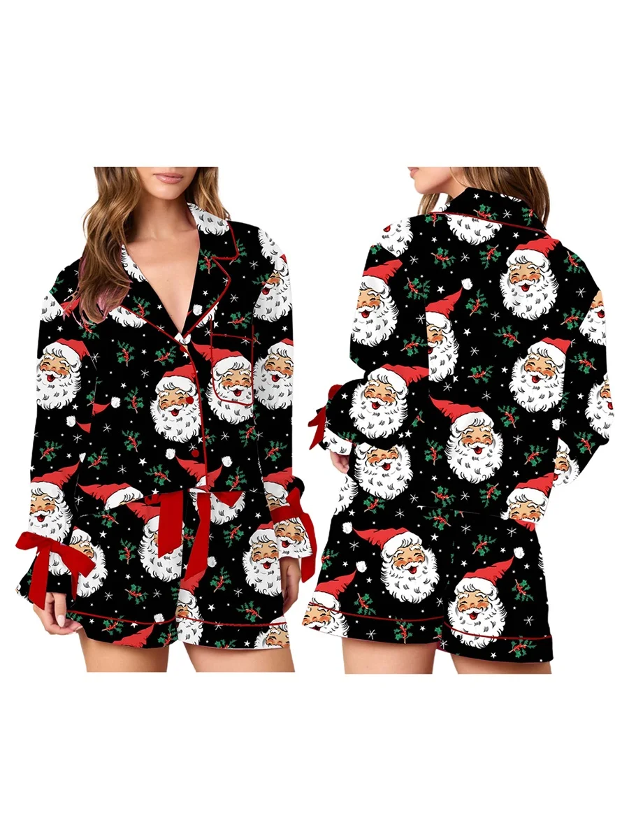 Women s 2 Piece Pajama Set with Festive Christmas Print Cozy Long Sleeve Shirt and Elastic Waist Shorts for Comfortable