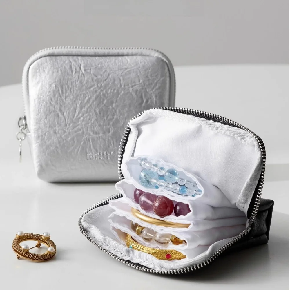 حافظة مجوهرات أنيقة للسفر من جلد البولي يوريثان بسحاب مع مقصورات منظم مجوهرات حقيبة تخزين مجوهرات صغيرة محمولة #4