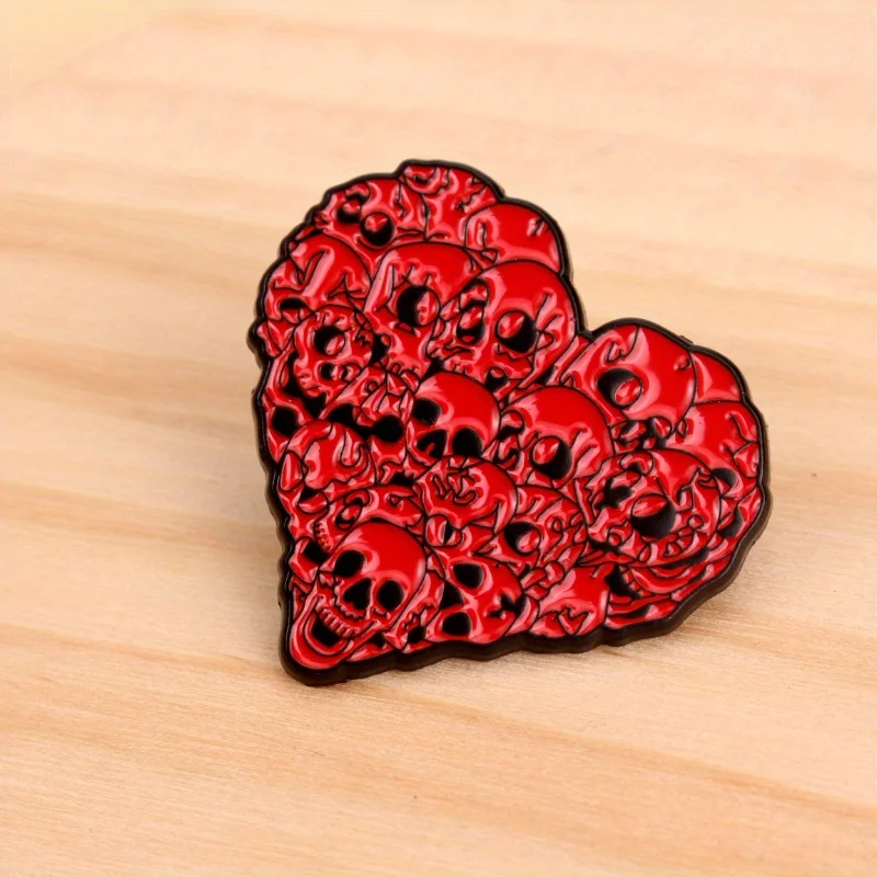 دبوس المينا على شكل قلب جمجمة من Edgy - إكسسوار فاسق قوطي بتصميم أحمر وأسود