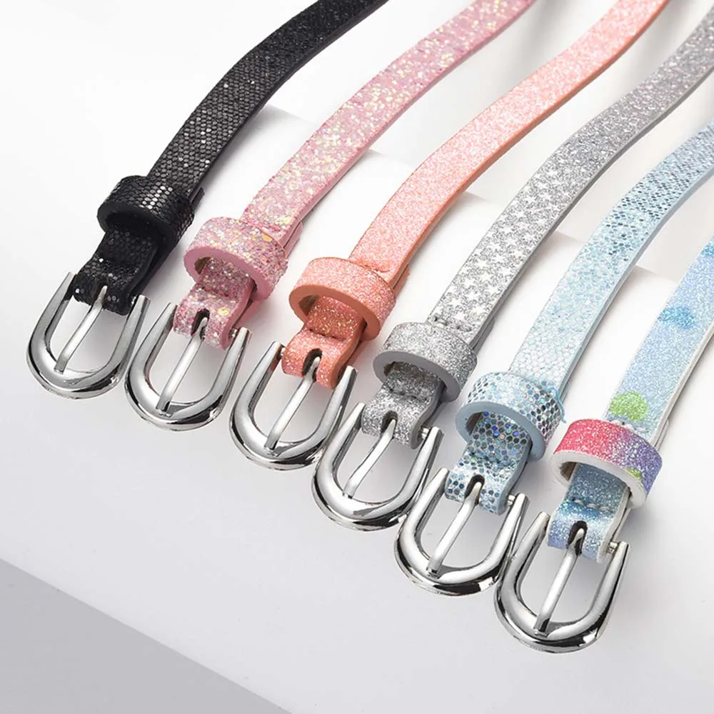 

Alloy Buckle Faux Leather Sequins Children Belt Girls Solid Color Colorful Waistband Fashion New Ladies Adjuestable Kids Belts