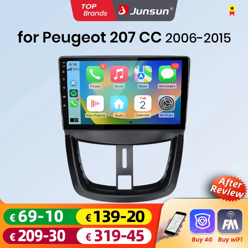 Autoradio Android Auto Junsun pour Peugeot 207 207CC 2006 2007 2008 2009 2010 2011-2015, système intelligent multimédia sans fil Apple CarPlay, écran tactile IPS, lecteur vidéo stéréo, autoradio 2 Din, navigation BT GPS 4G WIFI FM AM DSP RDS SWC