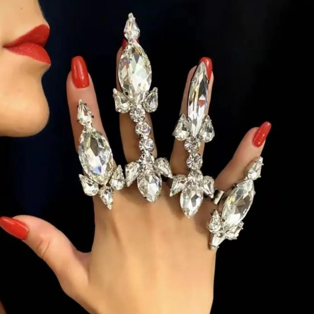 Handgefertigtes 4-teiliges großes Wassertropfen-Set aus Acryl-Strass-Kristall, riesige verstellbare Finger-offene Ringe, Hochzeitsschmuck für Frauen, Geschenk