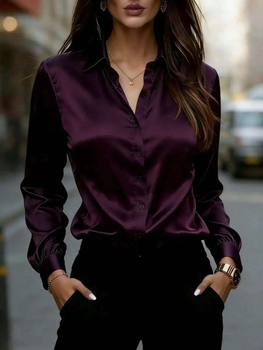 

Womens Satin Long Sleeve Button Up Shirt With Collar Elegant Polyester Blouse Office Daily Wear