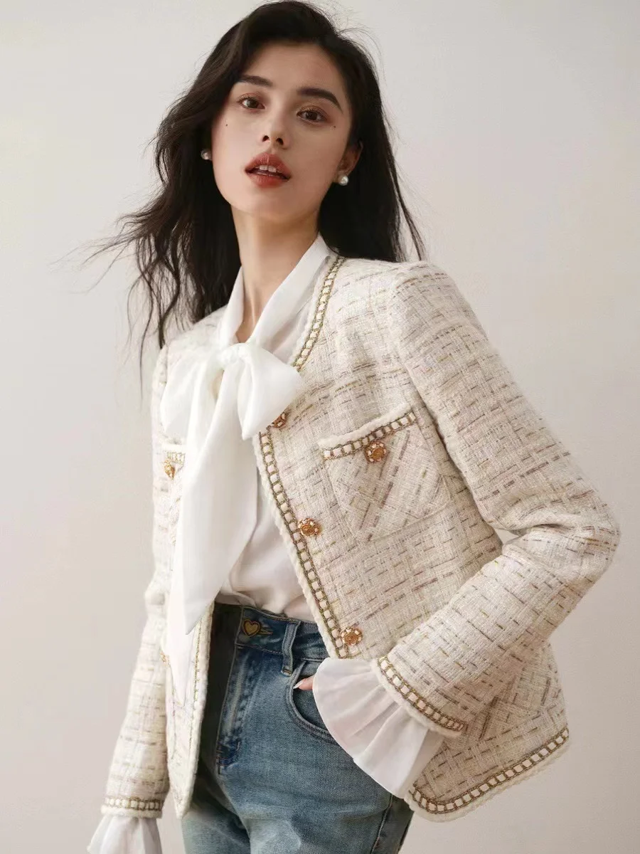 

Women's French Chic Small Checked Coat in White Knitted Fabric with High-End Department Store Quality Woolen Blend Jacket