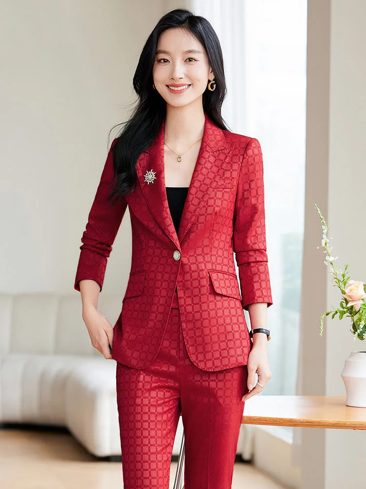 Women\'s Spring Autumn New Fashion Plaid Professional Suit Jacket Matching Set Korean Elegant Casual Blazers Pants Two Piece