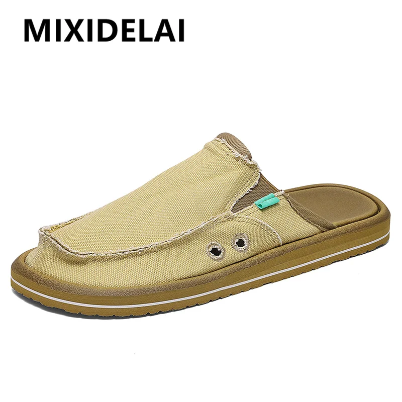 

Мужские полутапочки, Нескользящая мужская повседневная парусиновая обувь, легкие мужские тапочки на плоской подошве, дышащие модные уличные тапочки без шнуровки на плоской подошве