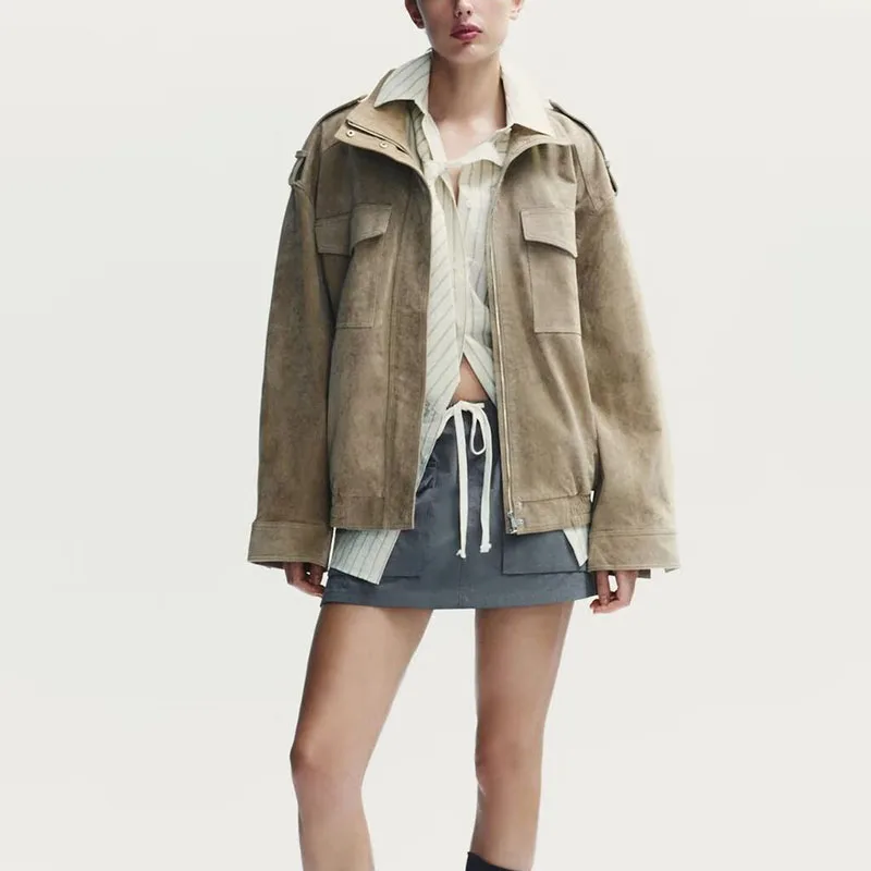 الشارع Sle طويل Sve الوقوف طوق عادية Jaet جديد الخريف ملابس نسائية ZA2025 الوقوف صالح ملابس خارجية للسيدات