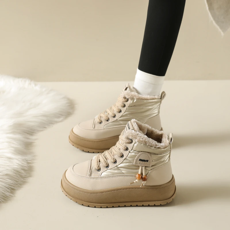 أحذية نسائية عصرية، نعال سميكة مخملية شتوية جديدة برباط، أحذية قطنية دافئة مرتفعة، أحذية قصيرة يومية متعددة الاستخدامات #3