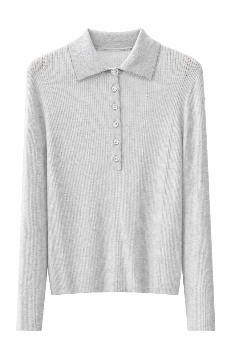 BY3621691 Damen-Polokragen-Pointelle-Strickjacke aus Wollmischung mit langen Ärmeln, halber Knopfleiste, Muschelknopfverschluss, Kette, dezenter Luxus für den Herbst – Detail 15