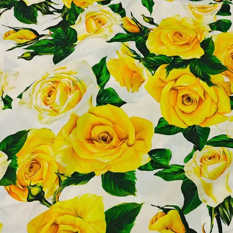 Yellow Rose Flower Digital Printed Cotton Or Chiffon Fabric For Dress Blouse Tissus Au Mètre Telas Para Vestidos DIY Cloth