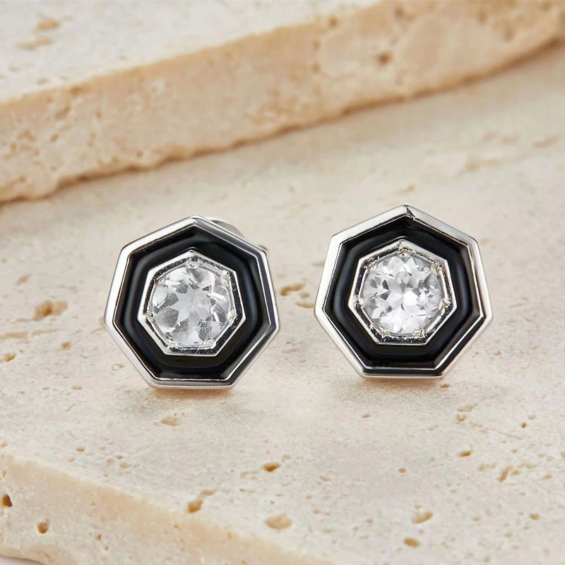 925 Sterling Silver Natural Topaz Blakc Epoxy Stud Earrings For Women Geometric Minimalism French Chic Small Earring 2023 New