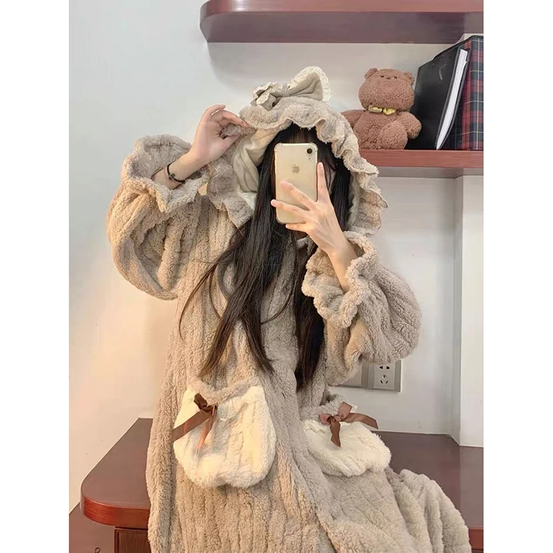 Ruffle Robe for Women Sleepwear Nightdress Winter Night Wears Warm Fleece Pajama One Piece Nightgown Hooded Long Sleeve Homewear