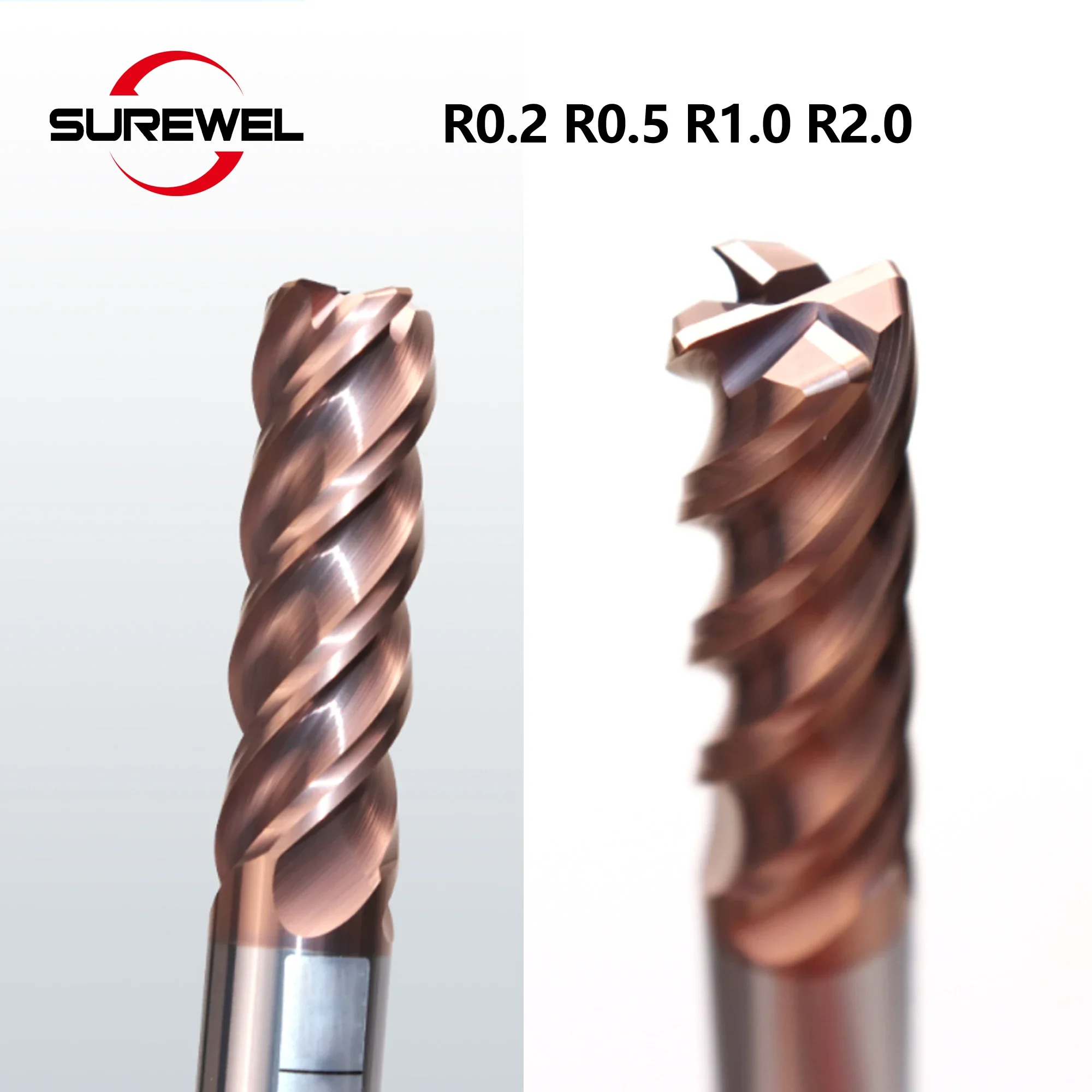 Fraise en bout de rayon d'angle en carbure à 4 cannelures, Angle R0.2 R0.5 R1.0 R2.0 pour l'usinage d'outils de fraisage CNC en acier inoxydable