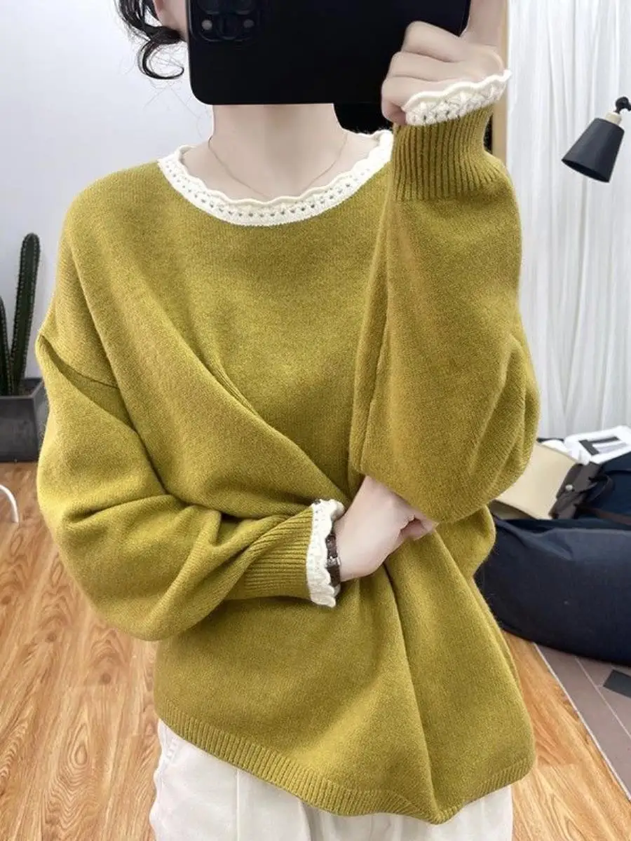 thiened-lace-collar-sweater-women's-loose-round-ne-knitted-top-faionable-anti-aging-autumn-winter-busin-sle