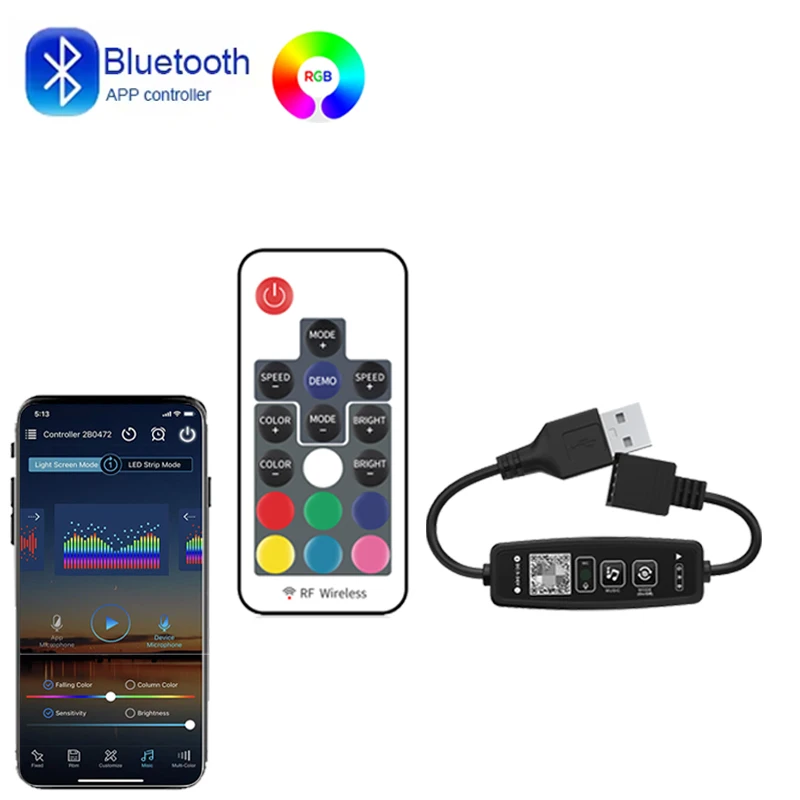 

USB Bluetooth RGB светодиодный контроллер 5 В 4-контактный контроллер RGB умный пульт дистанционного управления 17 клавиш RGB светодиодный контроллер синхронизации музыки изменение цвета