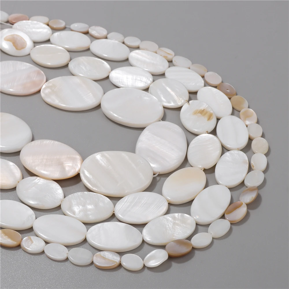 Flat Oval Shell Beads Natural Mother of Pearl Shell Oval Beads for Making Necklace Jewelry DIY Bracelet Handwork 15 Inches