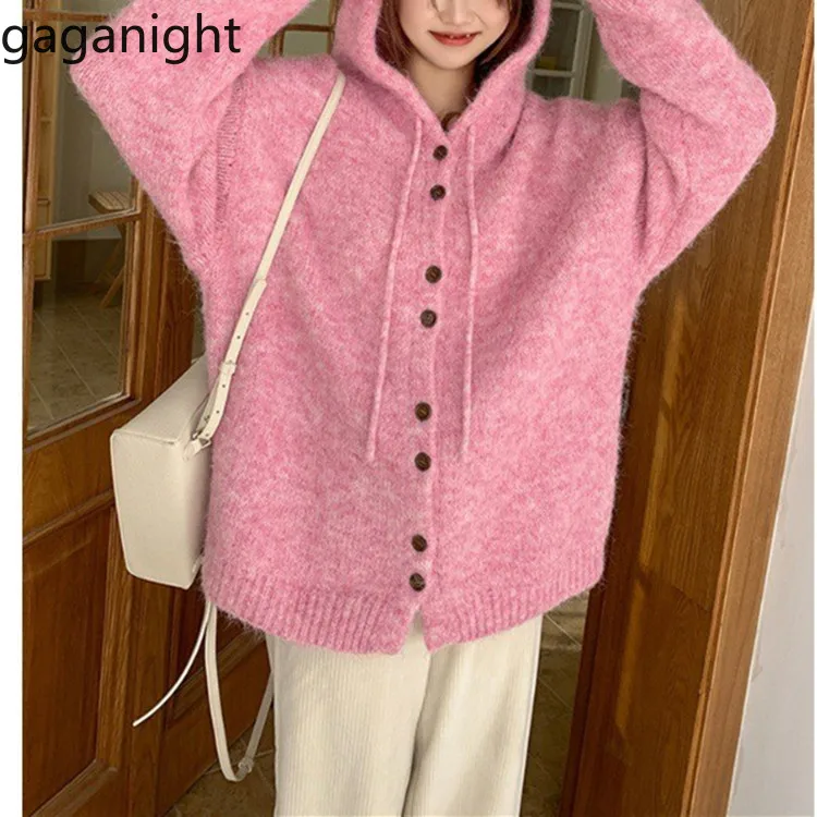 Gaganight Women Korean Chic Celebrity Versatile Knitted Cardigan 2024 Autumn Winter New Loose Lazy Style Solid Color Hoodie Coat