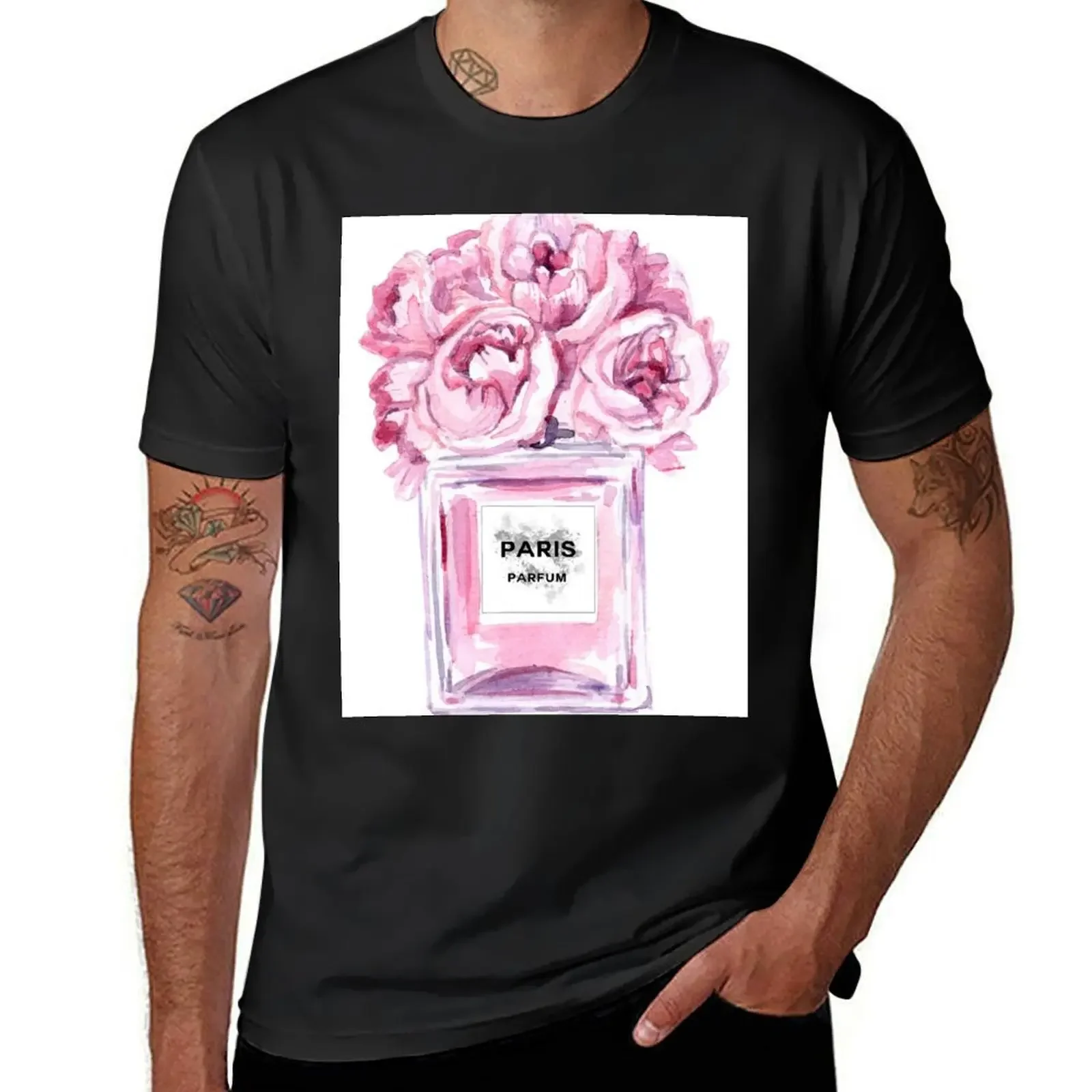 Perfume Bottle Watercolor Painting Hand Painted With Pink Flowers T-Shirt vintage t shirts men clothes