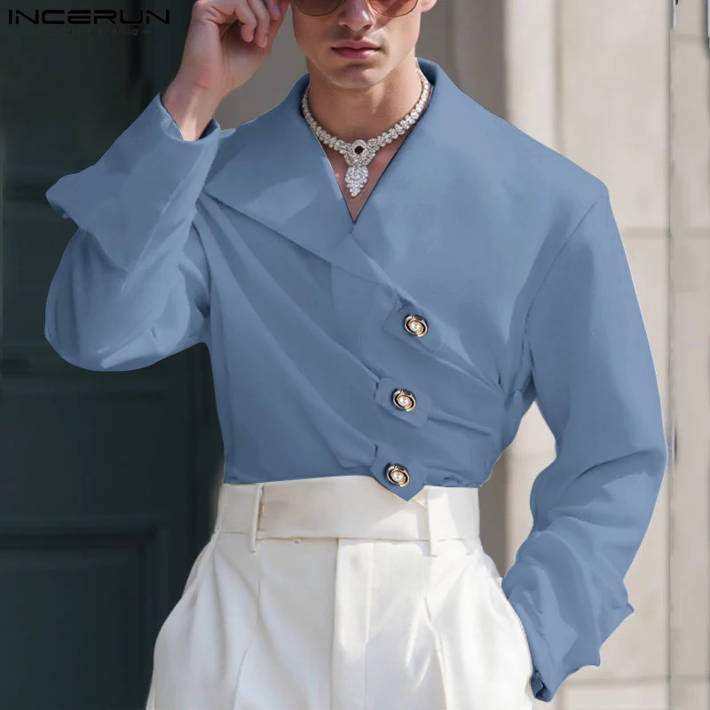 INCERUN Men Irregular Shirt V Neck Long Sleeve Solid Color Men Clothing Loose Pleated Streetwear 2025 Casual Irregular Shirts