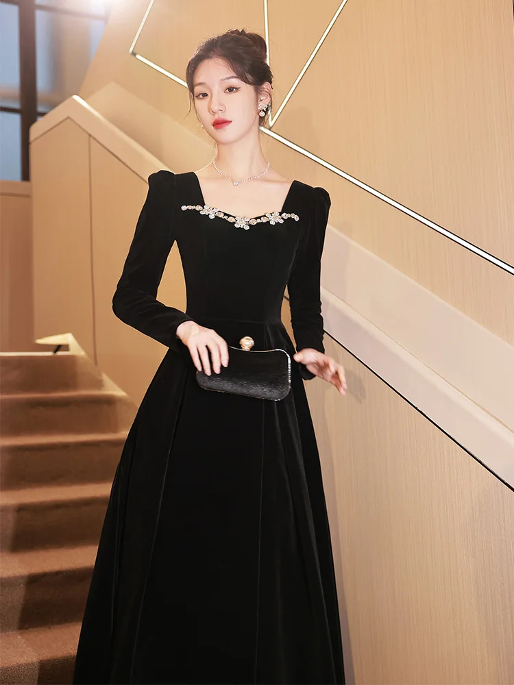 Autumn Winter Black Evening Dress Women Elegant  Luxury Velvet Long Sleeve A-line Party Dresses French Beadding Prom Gown