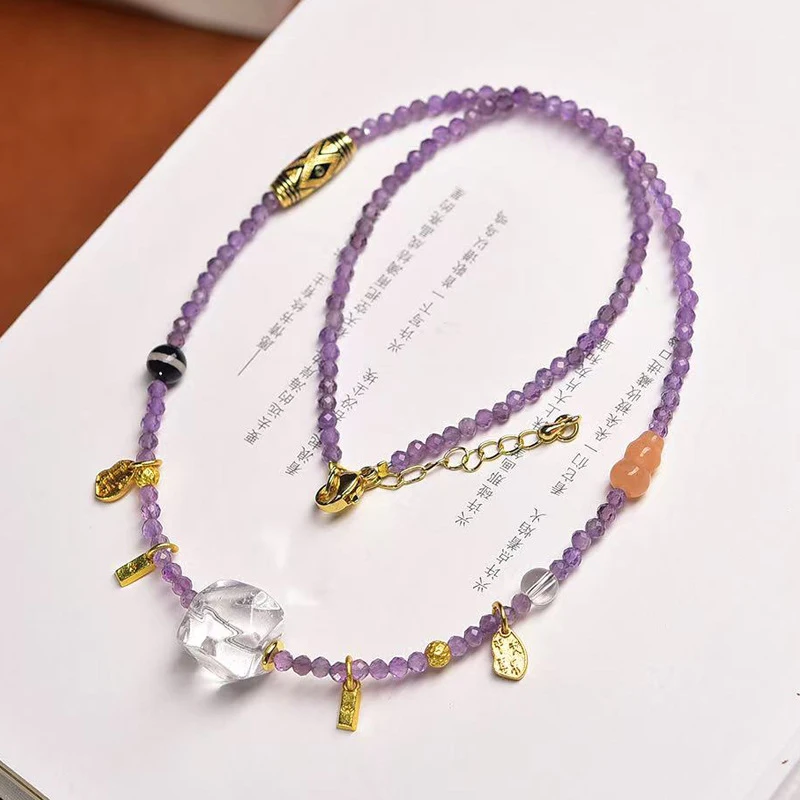 Natural white engraved pendant collarbone chain, simple stylish blue crystal and amethyst faceted necklace jewelry