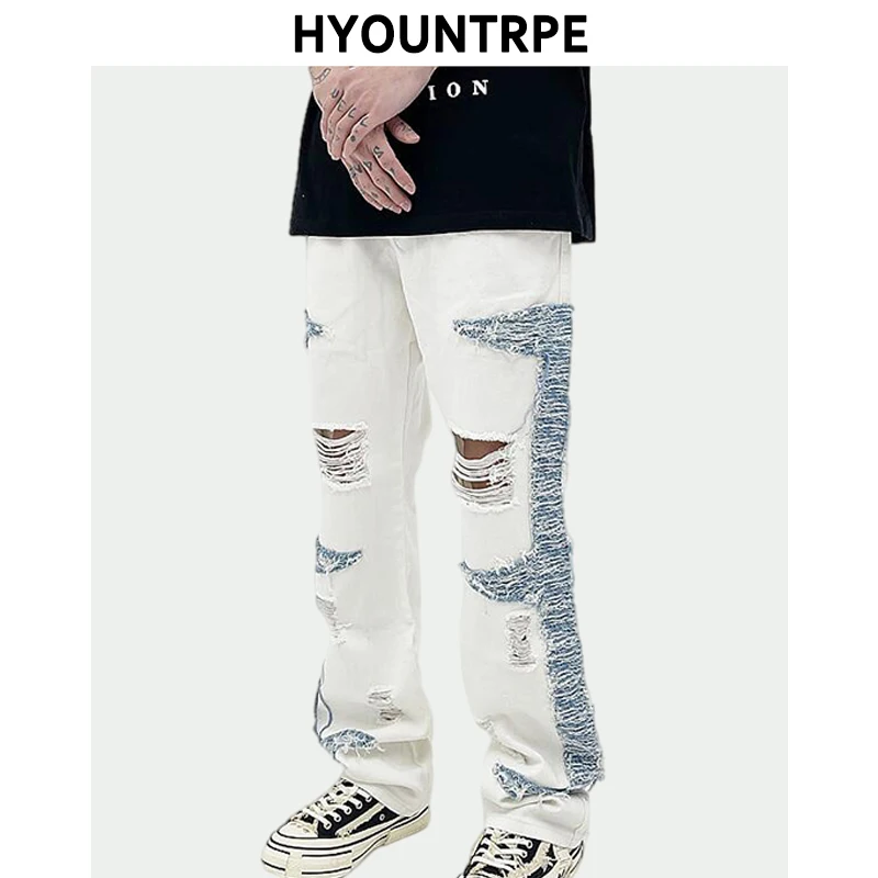 Mens High Street Denim Jean Pants Casual Loose Destroyed Ripped Holes Straight Jeans Side Patchwork Hip Hop Streetwear Joggers