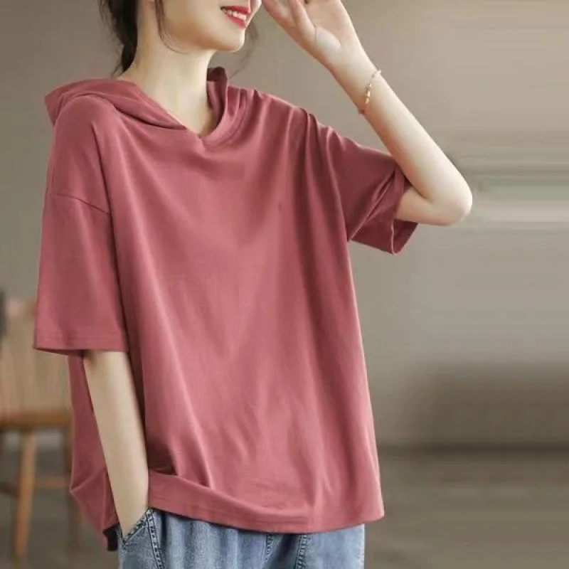 2024 Summer Korean Edition Solid Color Simple Casual Fashion Versatile Loose Oversized Short Sleeved Pullover Hoodie for Women