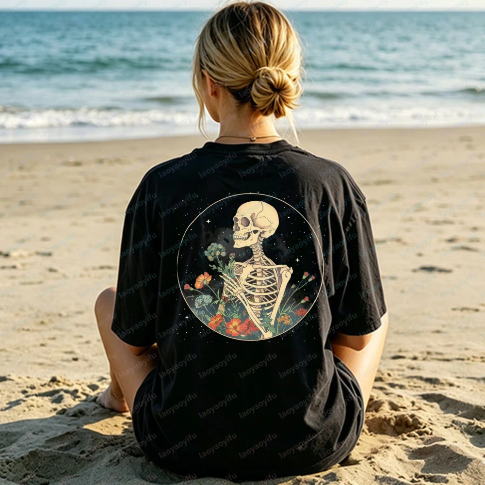 Skeleton with Flowers Design Unisex Cotton Tshirt Summer Vintage Classic Gothic Fashion Streetwear Casual Wear for Men and Women