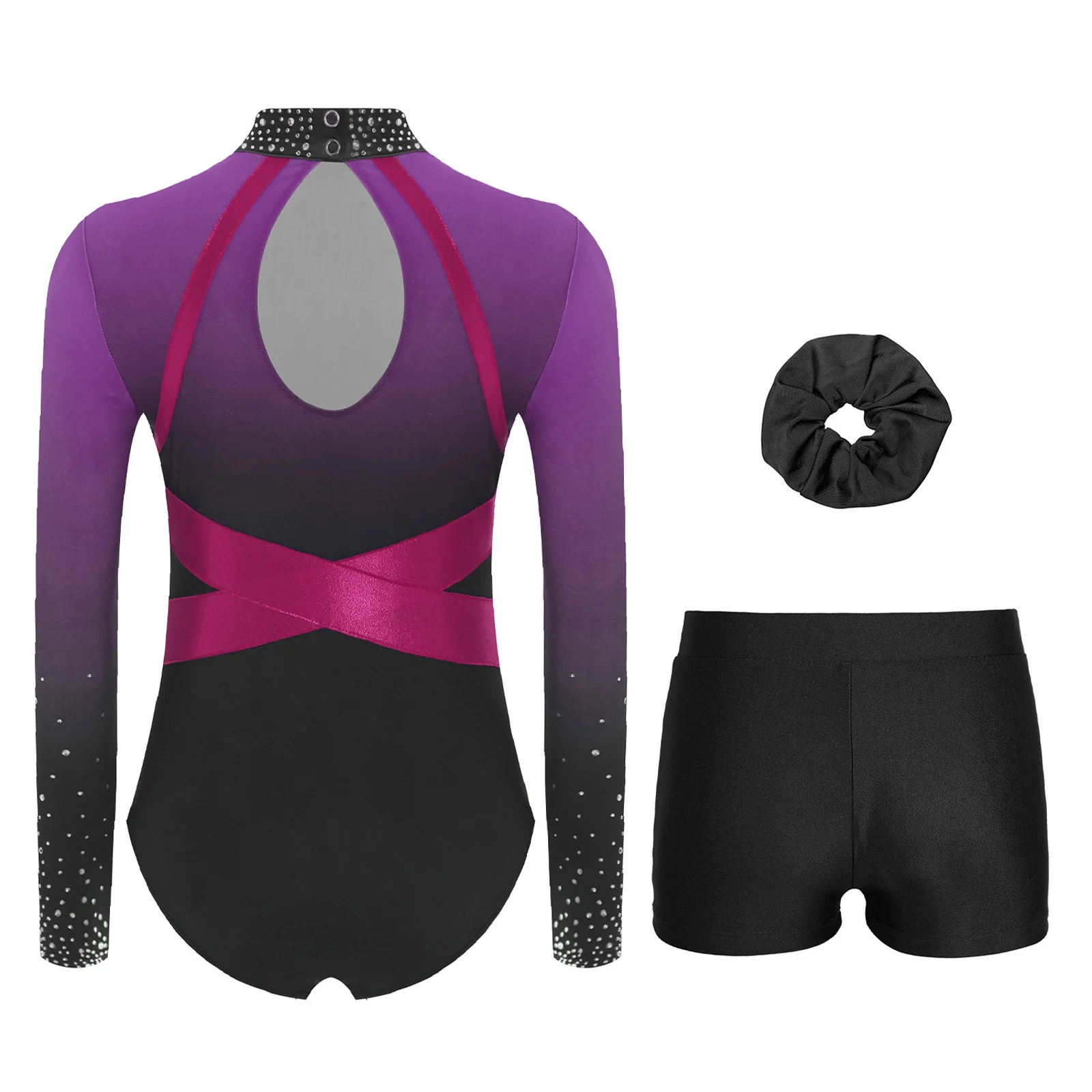 Conjuntos de gimnasia de ballet para niñas, conjunto deportivo con diamantes de imitación brillantes y patrones de bloques de color