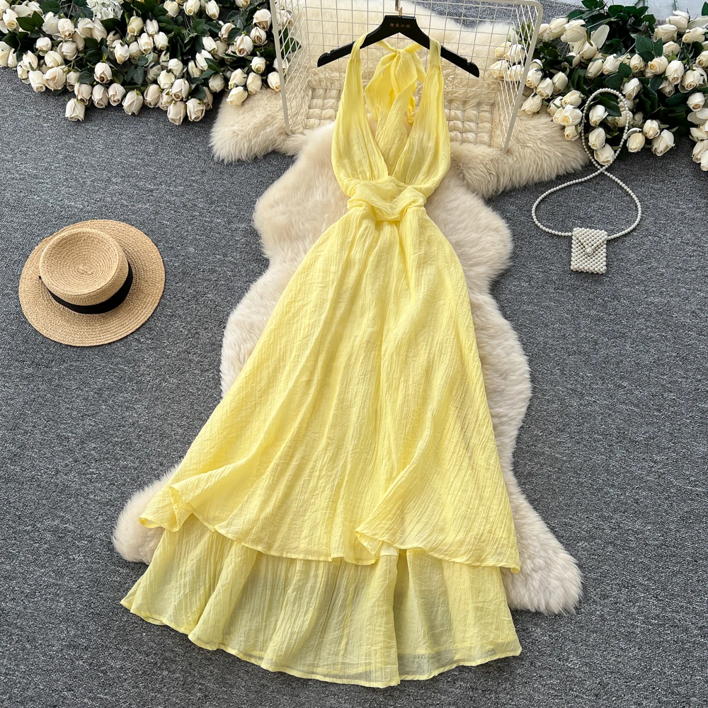 Elegancka sukienka w stylu vintage z dekoltem w serek, wiązana na szyi, marszczona, dopasowana, w stylu koreańskim, boho, letnia sukienka damska.