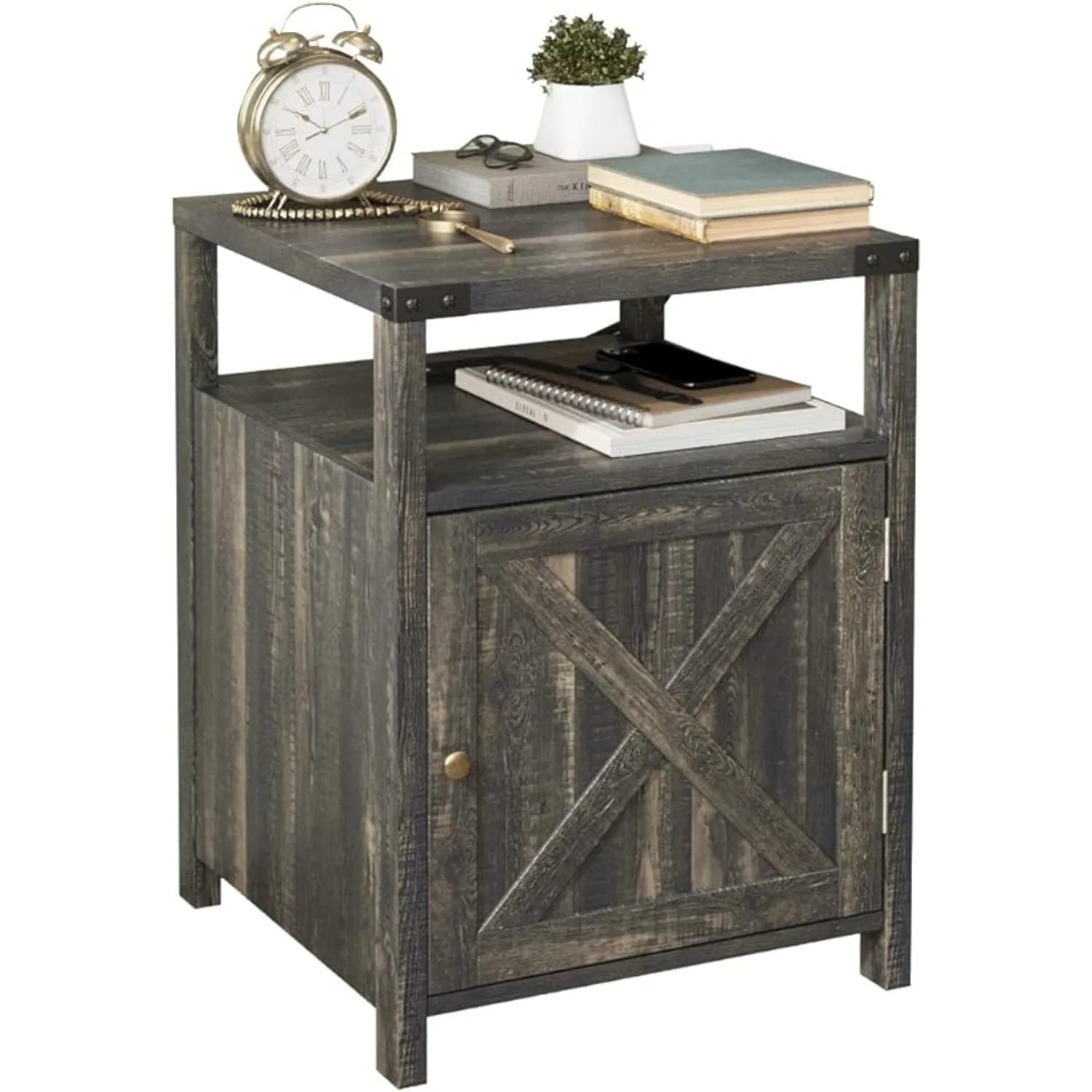 

Farmhouse Nightstand w/ Charging Station, Rustic End Table Bedroom w/ Storage Living Room Side Table Dark Oak Night Stand