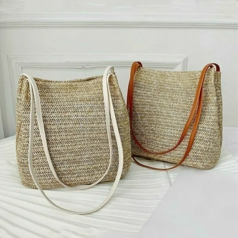 Women Handbag Summer Beach Bag Rattan Woven Handmade Knitted Straw Large Capacity Totes Leather Shoulder Bohemia New