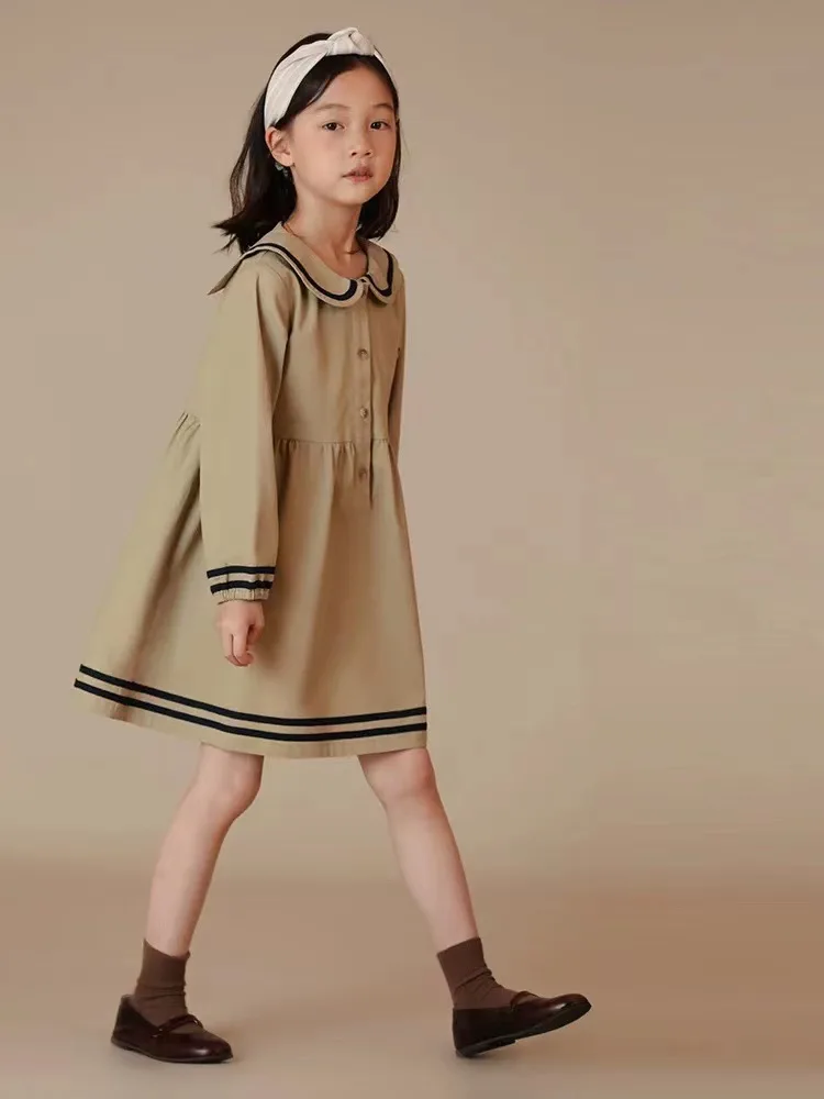 2024 Korean Spring Autumn School Girl Long Sleeve Dress Children Girl Navy Collar One-piece Dress Junior Girl Straight Dress