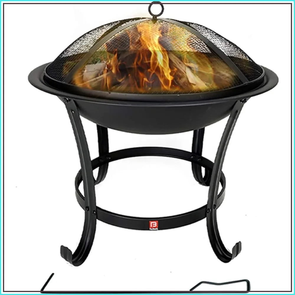 Fire Beauty Fire Pit BBQ Grill Pit Bowl With Mesh Spark Screen Cover, Poker