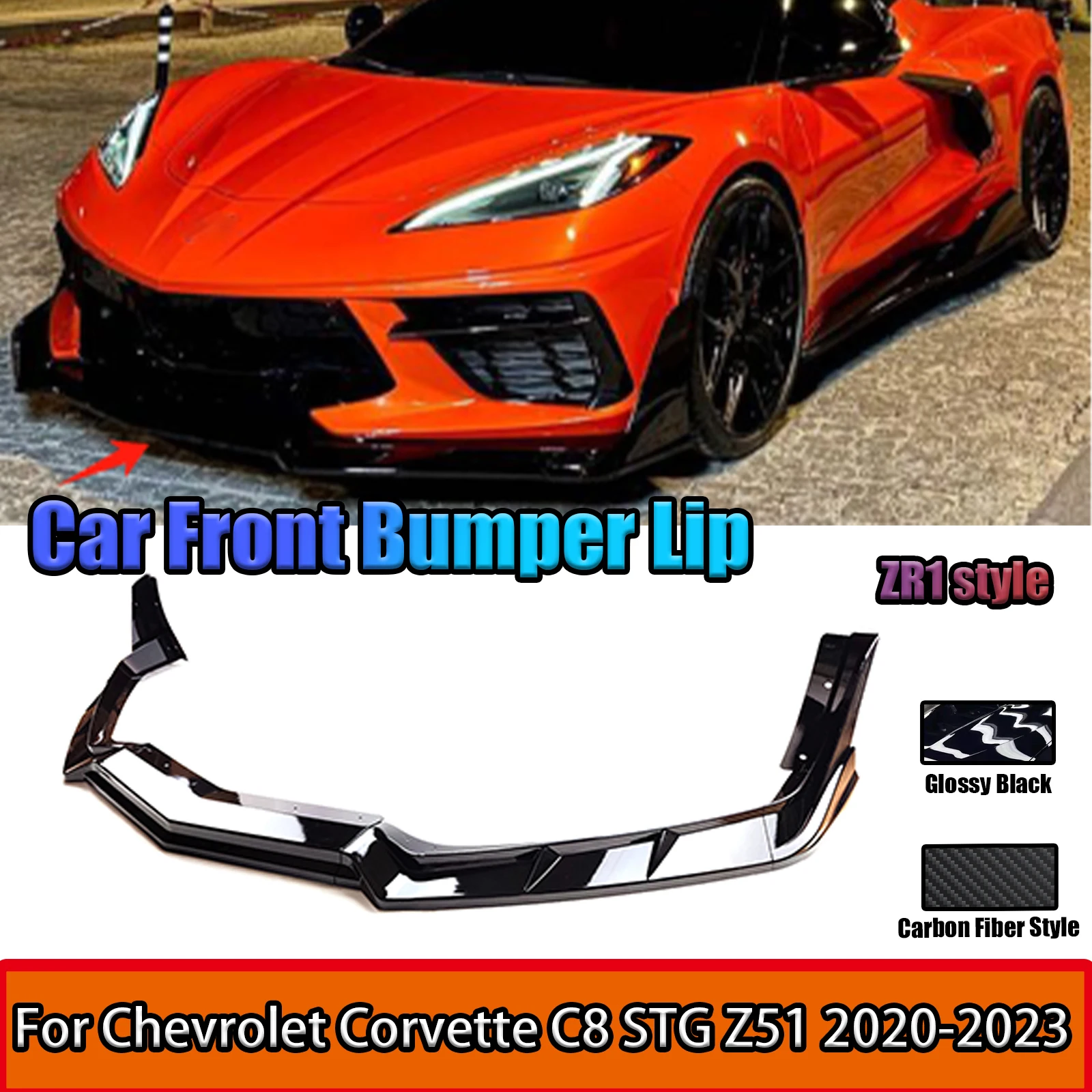 Car Front Bumper Lip For 2020-2023 Chevrolet Corvette C8 Z51 STG  ZR1 Style front lip with corner wrap  Carbon Fiber Style ABS