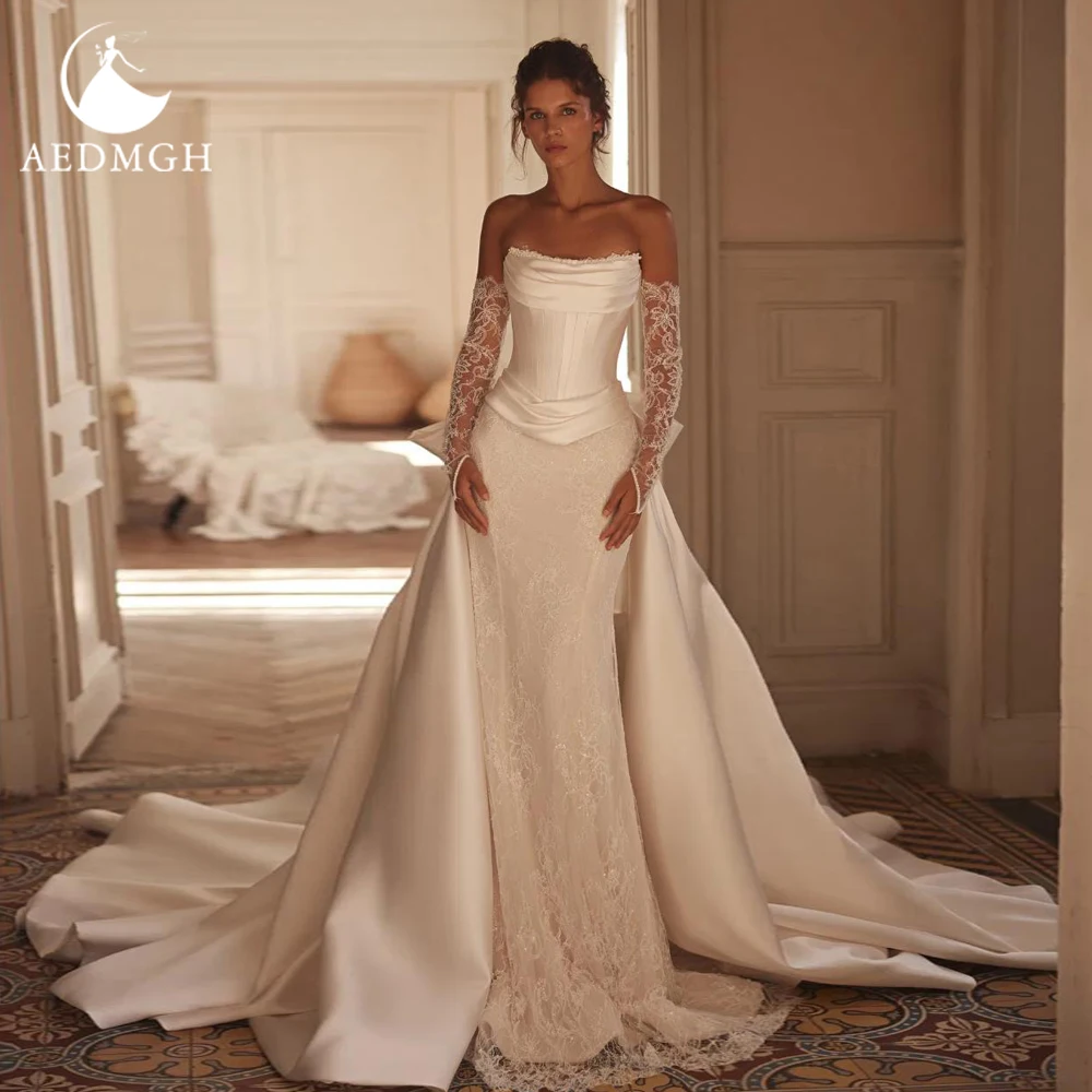 

Aedmgh Mermaid Sexy Wedding Dresses Strapless 2 In 1 Trumpet Vestido De Novia Lace Embroidery Graceful Custom Made Bridal Gowns