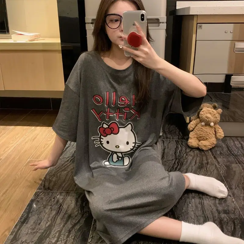 

Sanrio новая ночная юбка Hello Kitty ночная юбка с коротким рукавом в полоску пижама женская осенняя свободная стильная домашняя одежда ночная юбка
