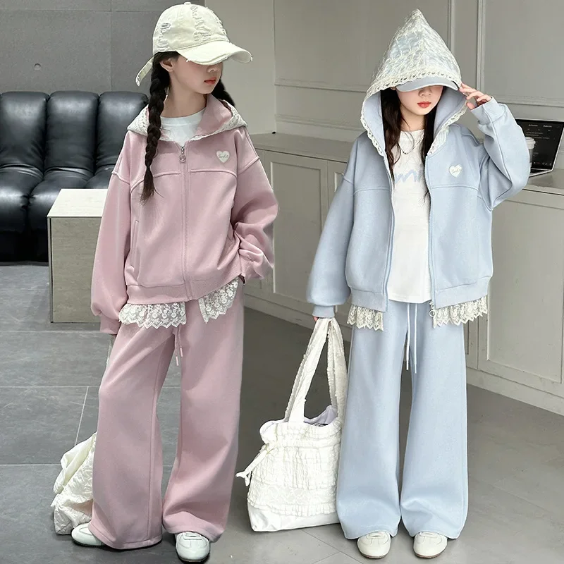 

School Kids 2PCS Tracksuit Children Sportswear Teenage Outfits Kids Clothes Autumn 2025 Girls Lace Stitching Hoodie+pants Sets